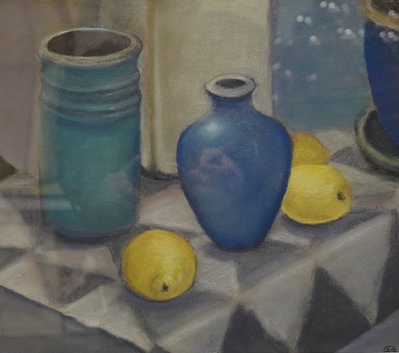 Sue Arnold (Contemporary), two pastels on paper, ‘Pots, blue and green with lemons’ and ‘Spring morning’, each signed with monogram, one with label verso, largest 29 x 34cm. Condition - good